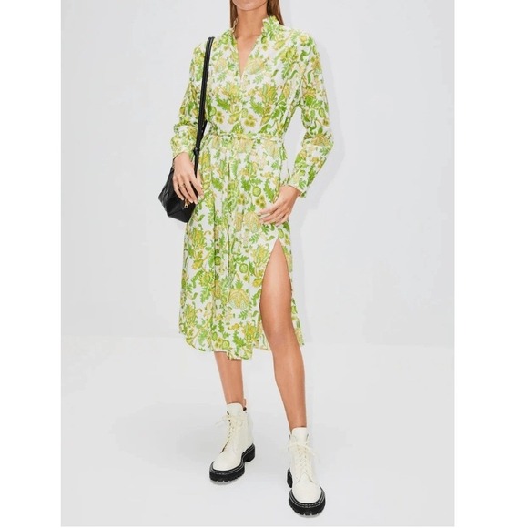 Alix of Bohemia Sawyer Chartreuse Floral Cotton Midi Shirt Dress Green XS(NWT)